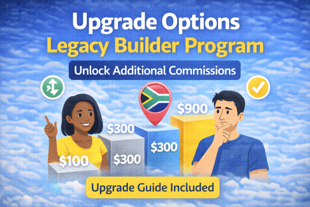 Upgrade options for the Legacy Builder Program showing $100, $300, $600 and $900 levels